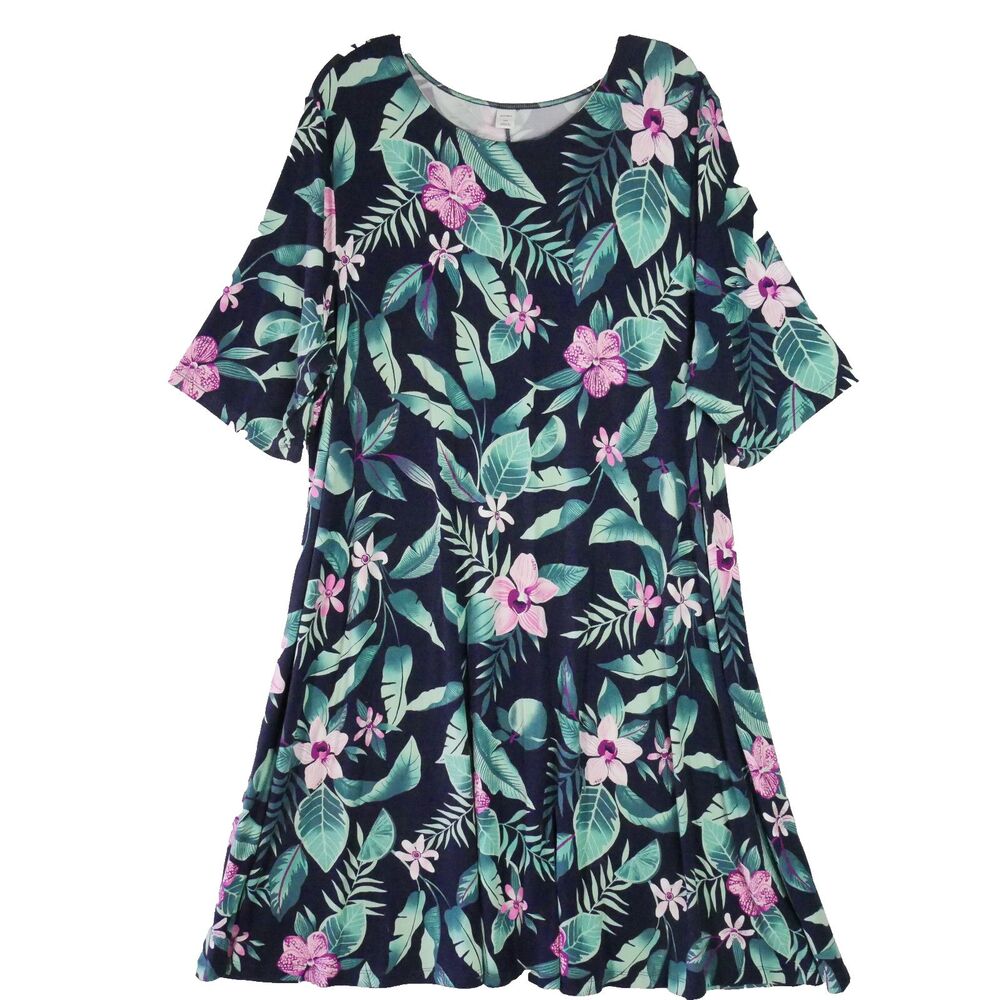Old Navy Women's Dress Size XXL Blue Green Leaf Short Sleeve Pullover